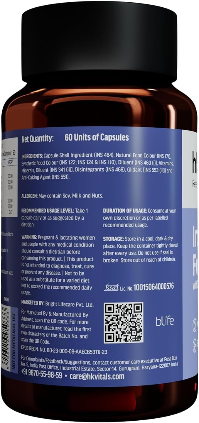 Iron + Folic Acid with Zinc, Vitamin C & B12 Supplement - 60 Capsules for Blood Building, Immunity, and Energy Boost