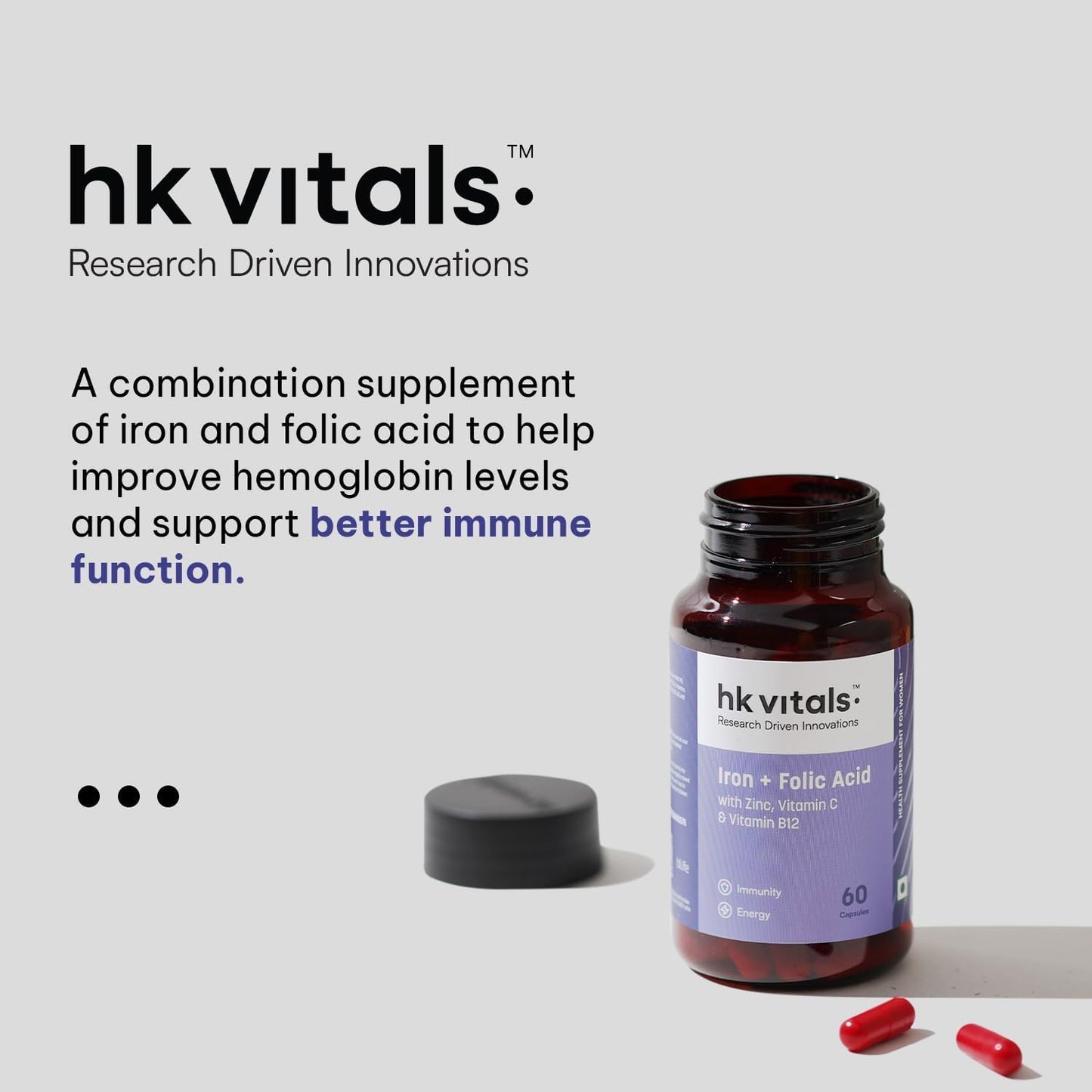 Iron + Folic Acid with Zinc, Vitamin C & B12 Supplement - 60 Capsules for Blood Building, Immunity, and Energy Boost