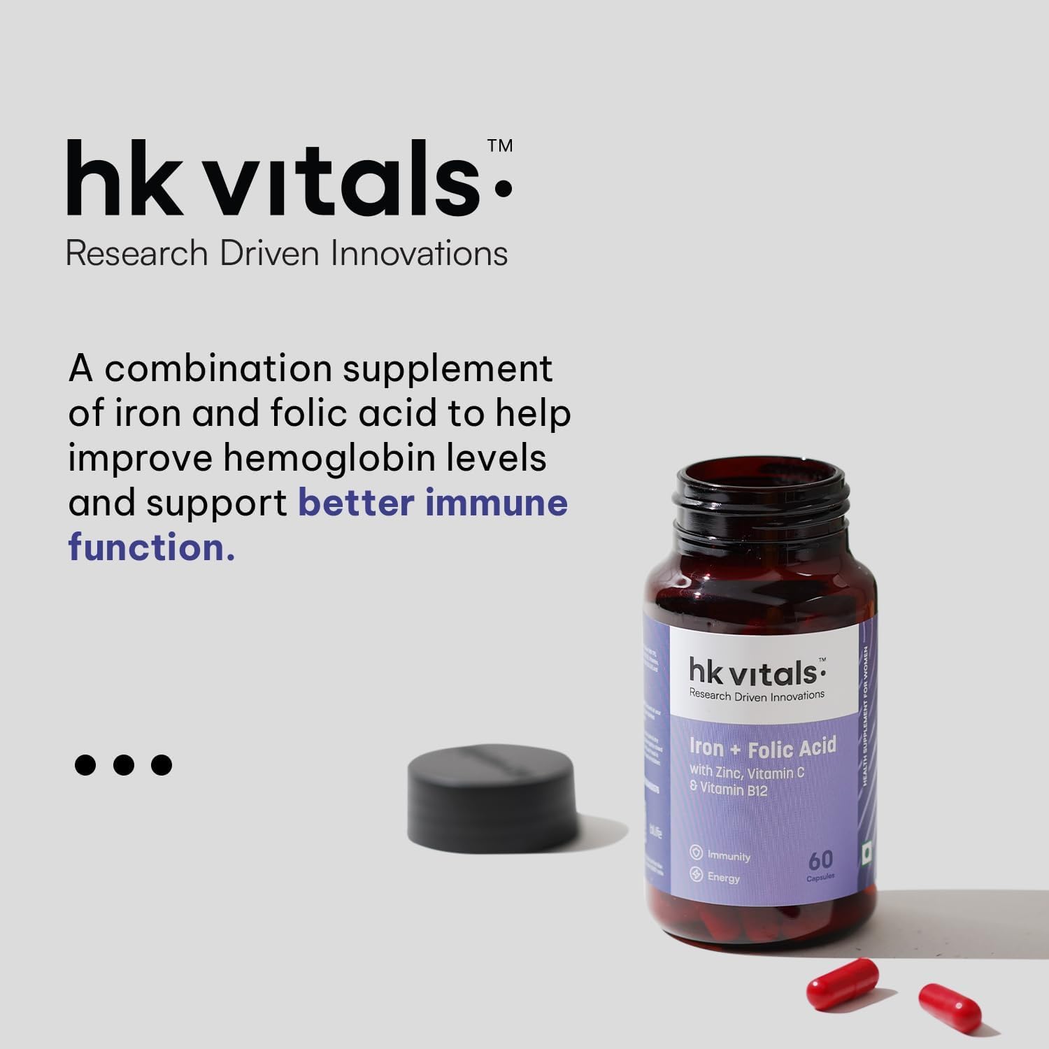 Iron + Folic Acid with Zinc, Vitamin C & B12 Supplement - 60 Capsules for Blood Building, Immunity, and Energy Boost