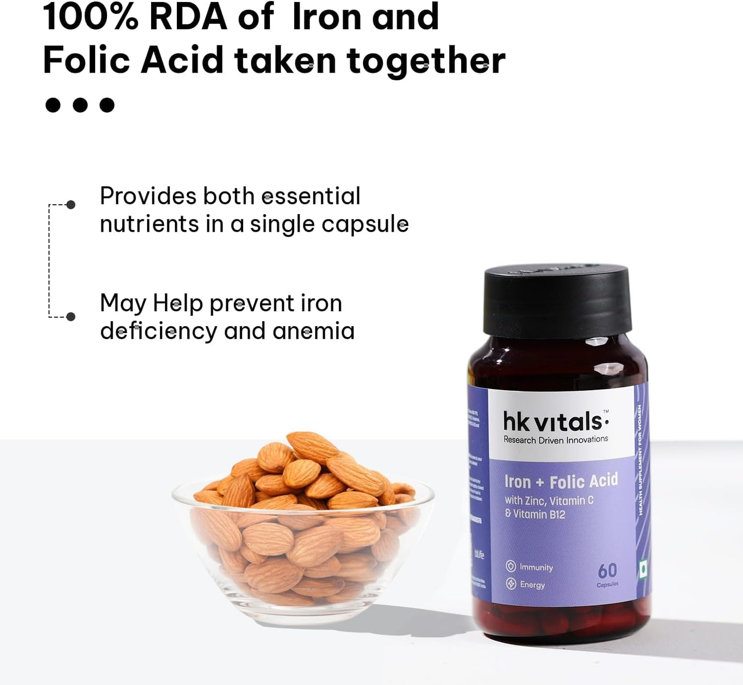Iron + Folic Acid with Zinc, Vitamin C & B12 Supplement - 60 Capsules for Blood Building, Immunity, and Energy Boost