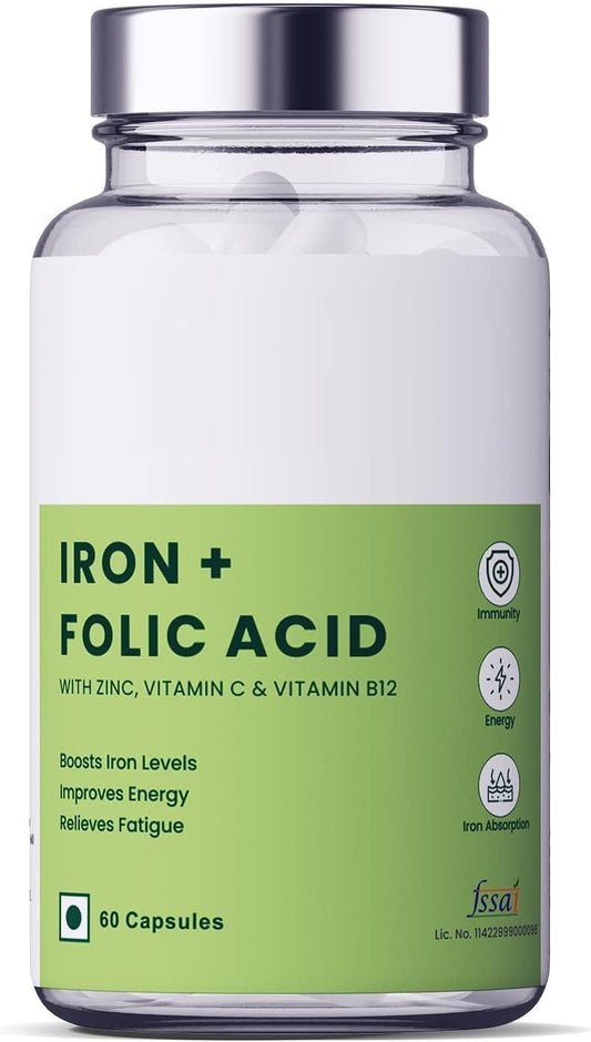 Iron, Folic Acid, Zinc, Vitamin C, B12 Supplement - 60 Veg Capsules for Blood Building, Immunity, Energy - Enhances Absorption - Men & Women