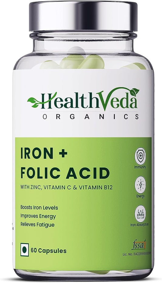 Iron, Folic Acid, Zinc, Vitamin C & B12 Supplement for Immunity & Energy - 60 Veg Capsules for Men & Women - Enhanced Iron Absorption