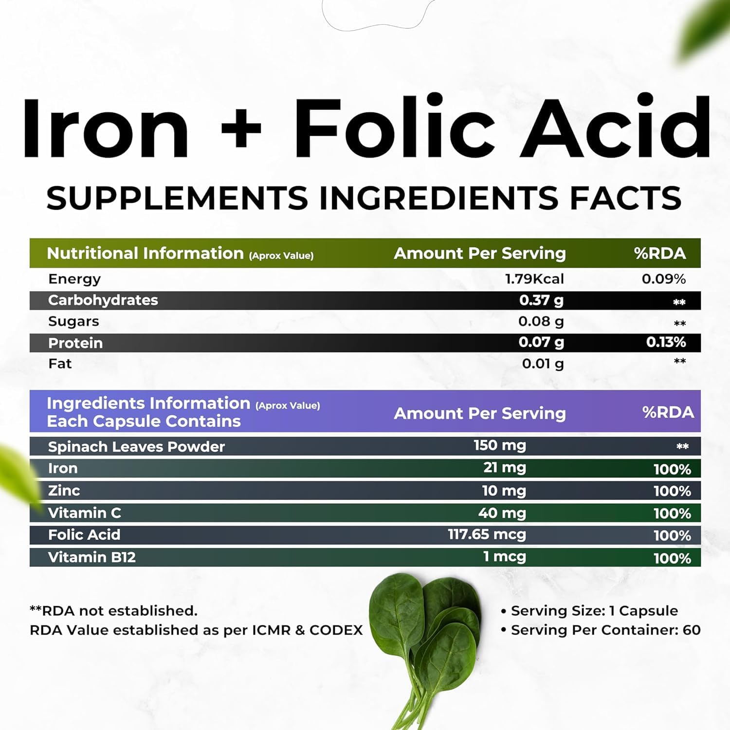 Iron, Folic Acid, Zinc, Vitamin C & B12 Supplement for Immunity & Energy - 60 Veg Capsules for Men & Women - Enhanced Iron Absorption