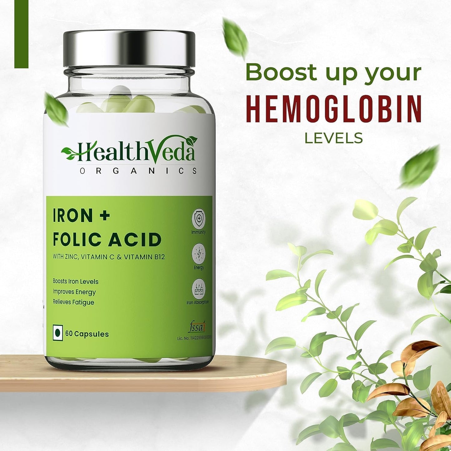 Iron, Folic Acid, Zinc, Vitamin C & B12 Supplement for Immunity & Energy - 60 Veg Capsules for Men & Women - Enhanced Iron Absorption