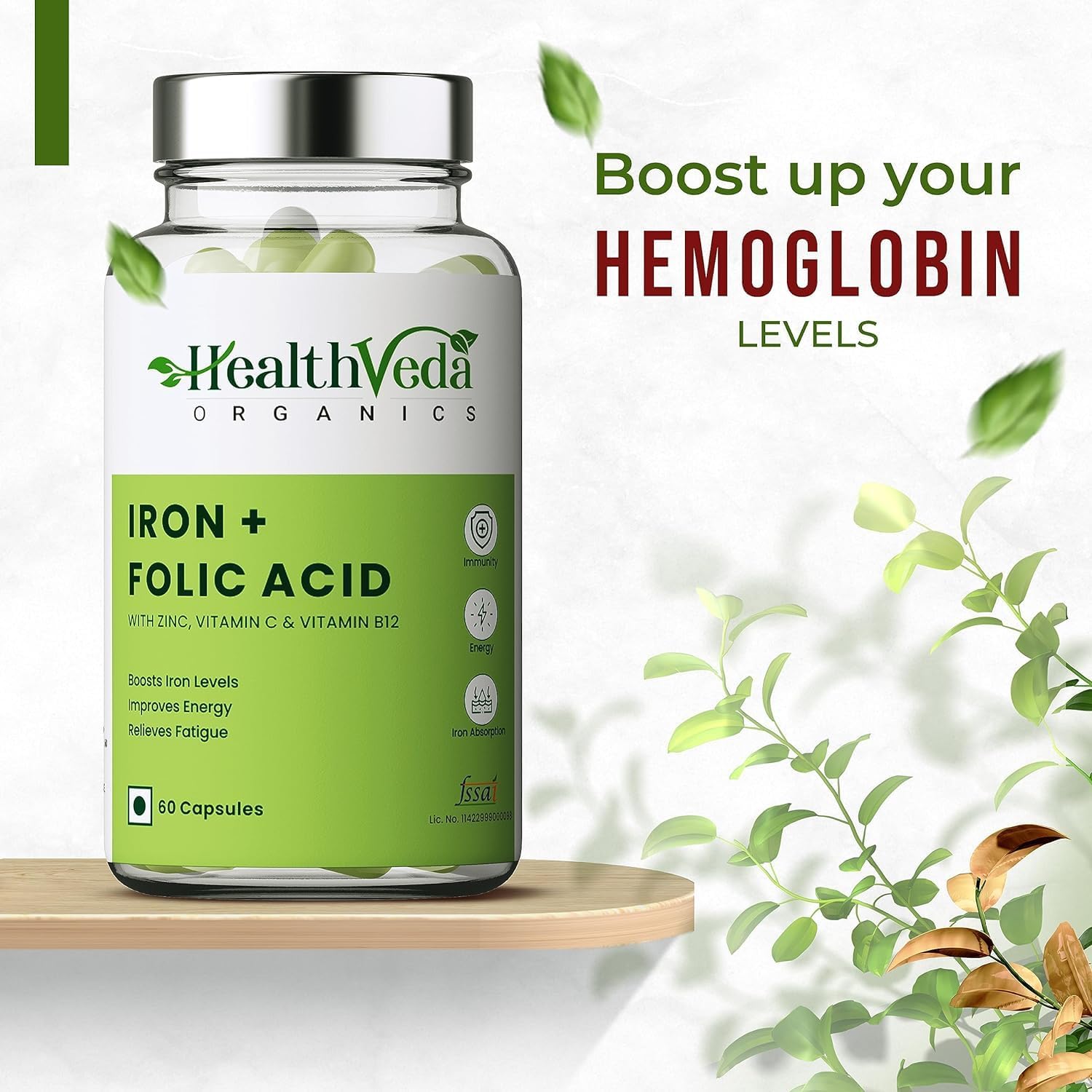 Iron, Folic Acid, Zinc, Vitamin C & B12 Supplement for Immunity & Energy - 60 Veg Capsules for Men & Women - Enhanced Iron Absorption