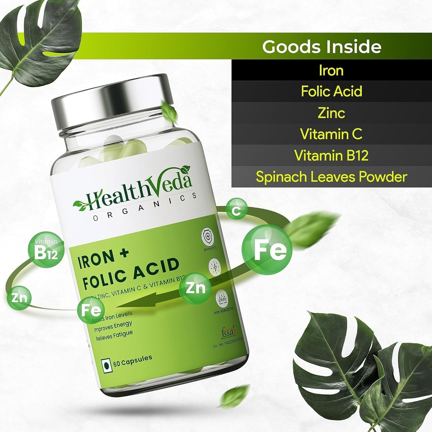 Iron, Folic Acid, Zinc, Vitamin C & B12 Supplement for Immunity & Energy - 60 Veg Capsules for Men & Women - Enhanced Iron Absorption
