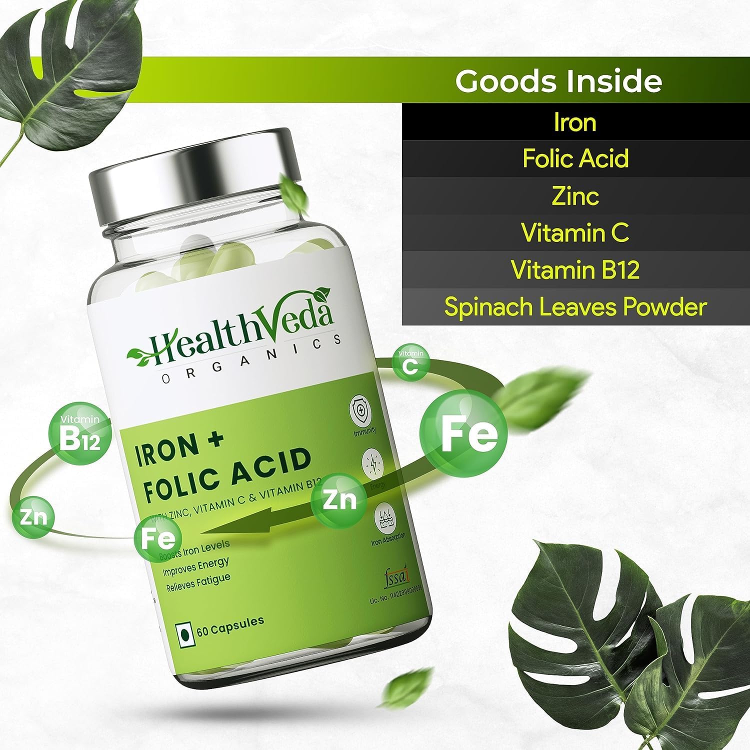 Iron, Folic Acid, Zinc, Vitamin C & B12 Supplement for Immunity & Energy - 60 Veg Capsules for Men & Women - Enhanced Iron Absorption