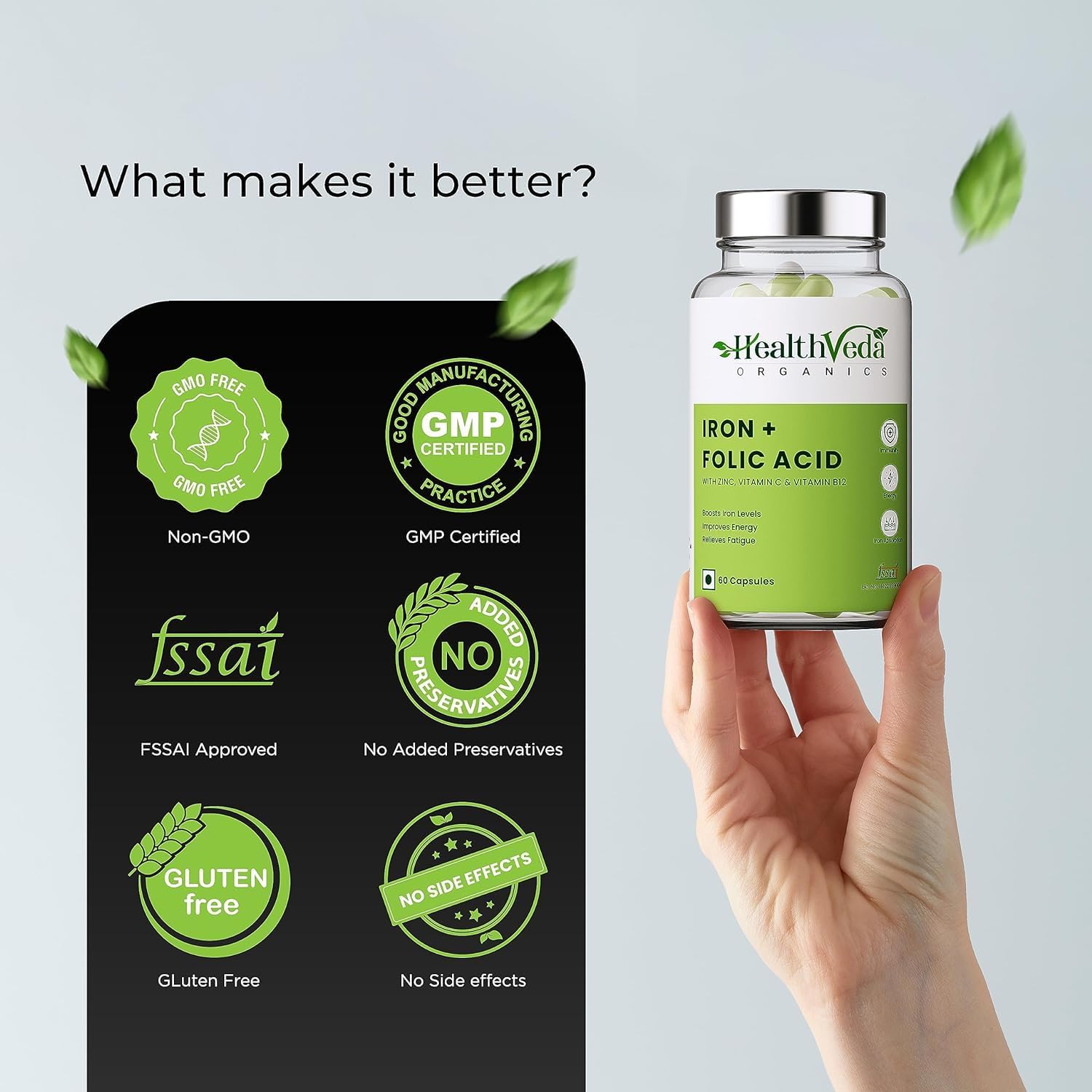 Iron, Folic Acid, Zinc, Vitamin C & B12 Supplement for Immunity & Energy - 60 Veg Capsules for Men & Women - Enhanced Iron Absorption