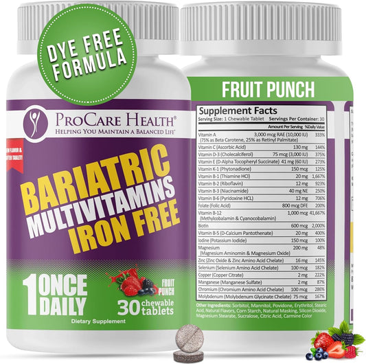 Iron-Free Fruit Punch Flavor Chewable Bariatric Multivitamin - 30 Tablets for Gastric Bypass & Sleeve Patients - 1 Month Supply