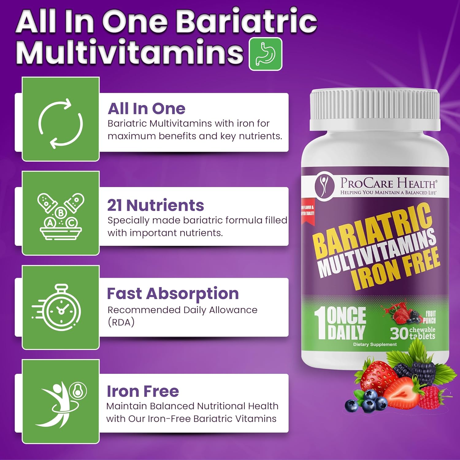Iron-Free Fruit Punch Flavor Chewable Bariatric Multivitamin - 30 Tablets for Gastric Bypass & Sleeve Patients - 1 Month Supply