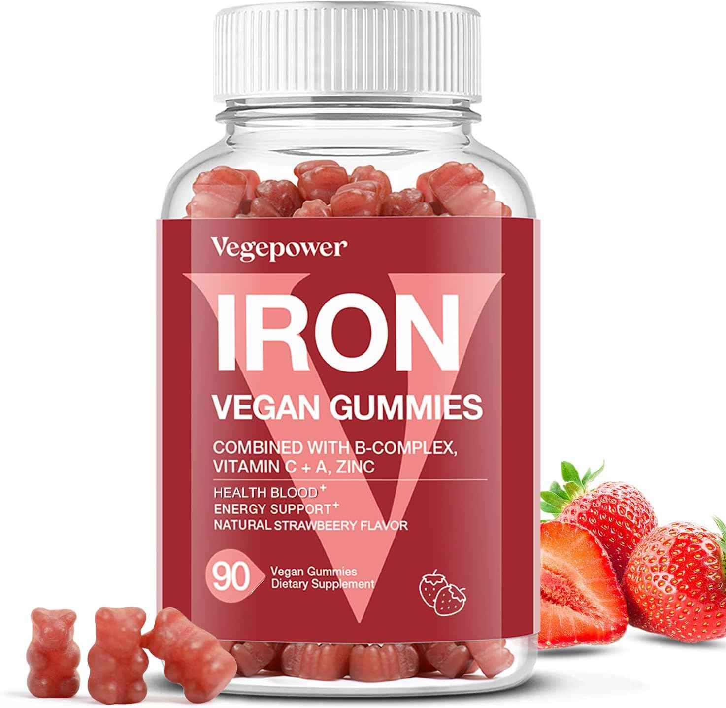 Iron Gummies Supplements for Women & Kids - Multivitamin with Vitamin C for Energy Support, Great Tasting Iron Gummy Vitamins with Vitamin C for Max Absorption - Vegan, Strawberry 90 Count