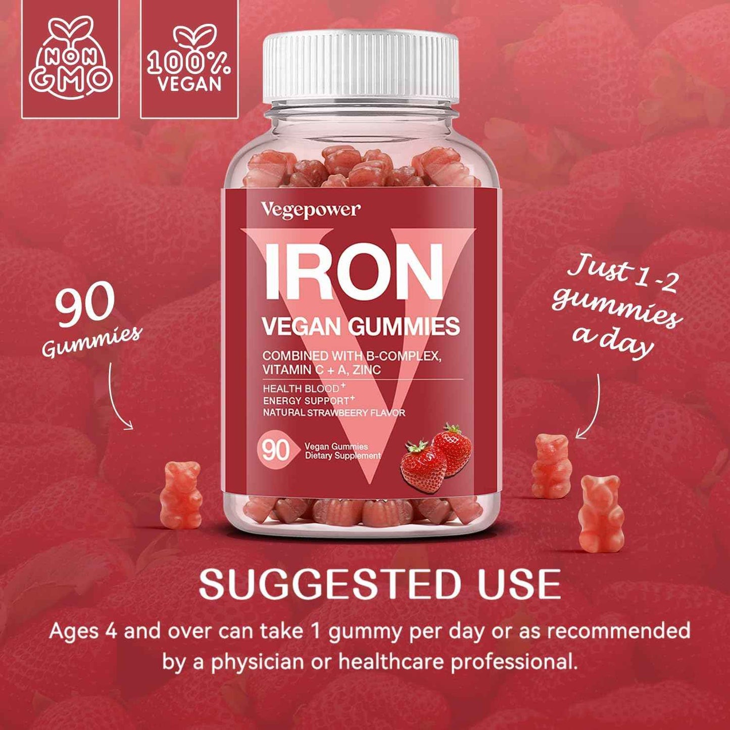 Iron Gummies Supplements for Women & Kids - Multivitamin with Vitamin C for Energy Support, Great Tasting Iron Gummy Vitamins with Vitamin C for Max Absorption - Vegan, Strawberry 90 Count