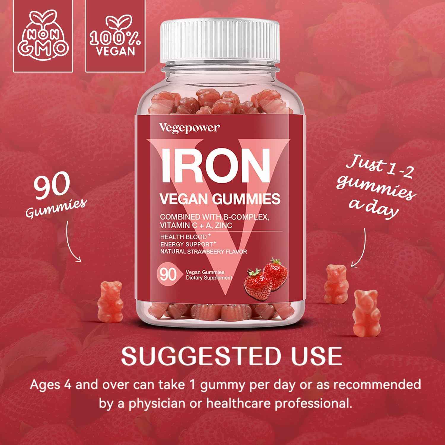 Iron Gummies Supplements for Women & Kids - Multivitamin with Vitamin C for Energy Support, Great Tasting Iron Gummy Vitamins with Vitamin C for Max Absorption - Vegan, Strawberry 90 Count