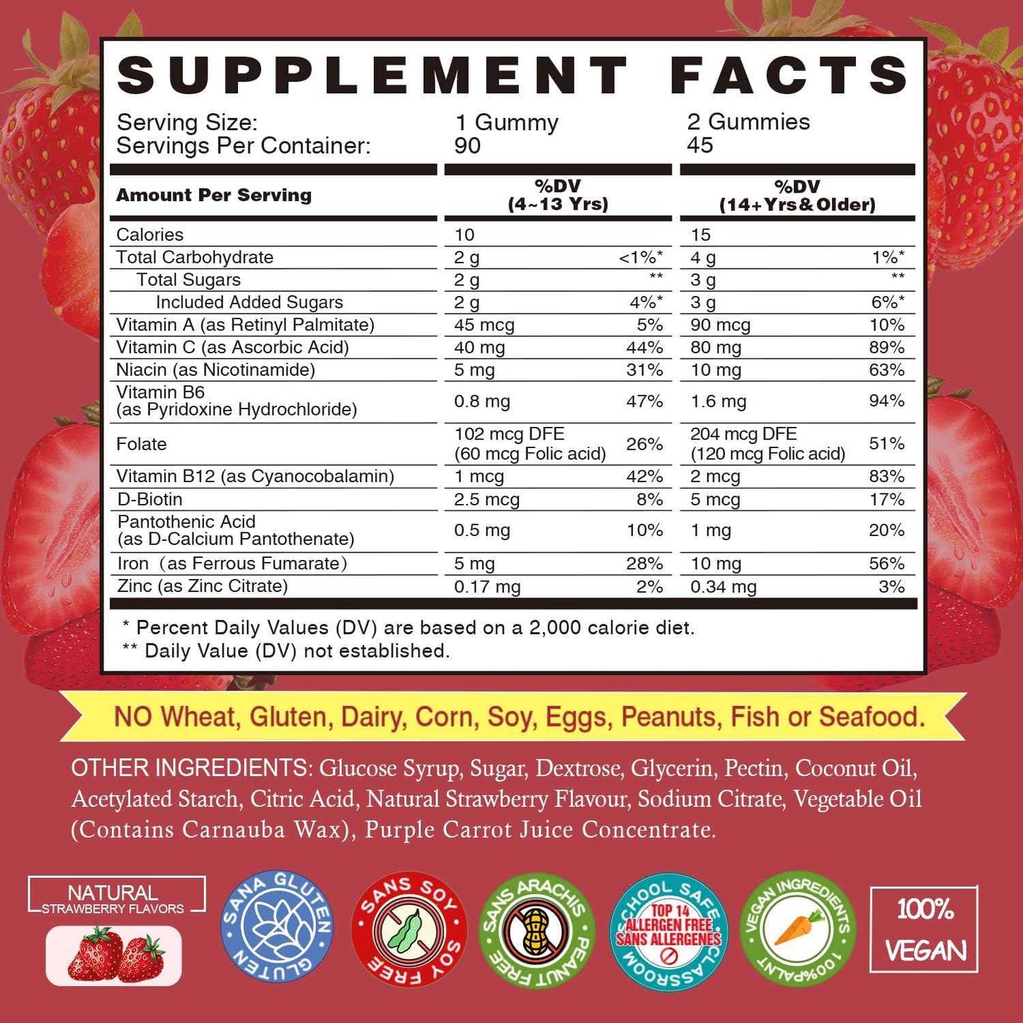 Iron Gummies Supplements for Women & Kids - Multivitamin with Vitamin C for Energy Support, Great Tasting Iron Gummy Vitamins with Vitamin C for Max Absorption - Vegan, Strawberry 90 Count