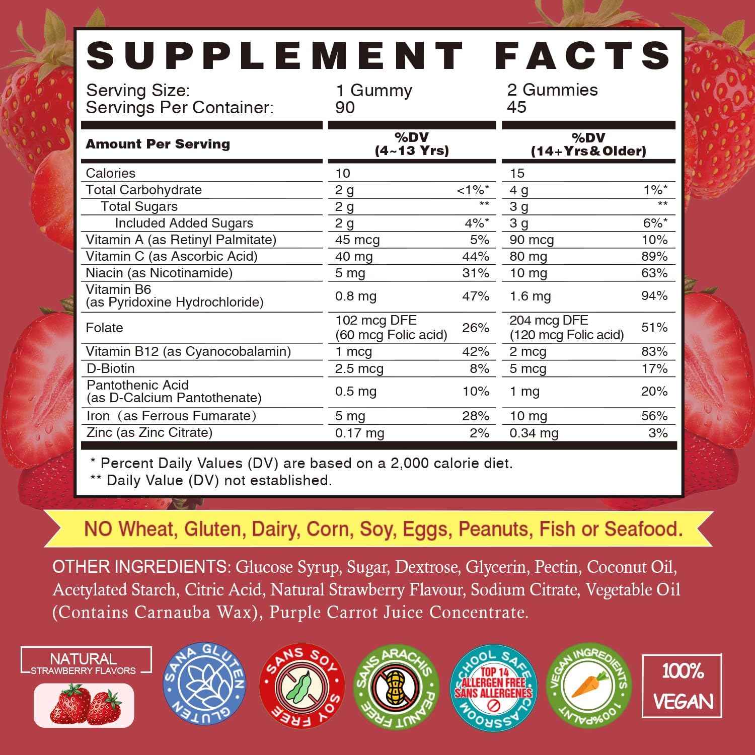 Iron Gummies Supplements for Women & Kids - Multivitamin with Vitamin C for Energy Support, Great Tasting Iron Gummy Vitamins with Vitamin C for Max Absorption - Vegan, Strawberry 90 Count