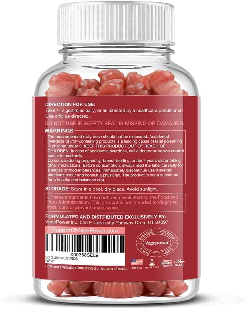 Iron Gummies Supplements for Women & Kids - Multivitamin with Vitamin C for Energy Support, Great Tasting Iron Gummy Vitamins with Vitamin C for Max Absorption - Vegan, Strawberry 90 Count