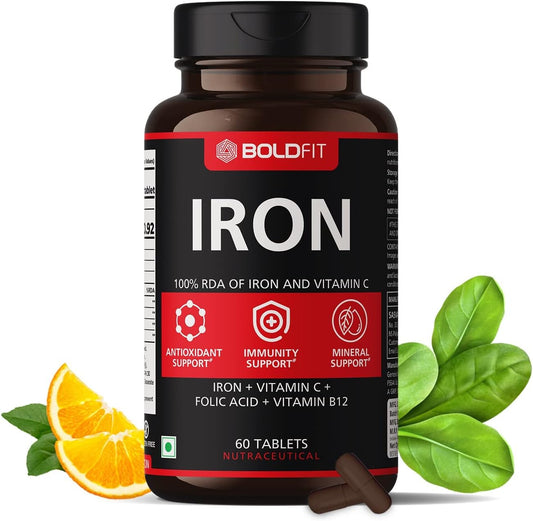 Iron Supplement with Vitamin C, Folic Acid, and Vitamin B12 for Energy Support - 60 Vegetarian Tablets for Men and Women