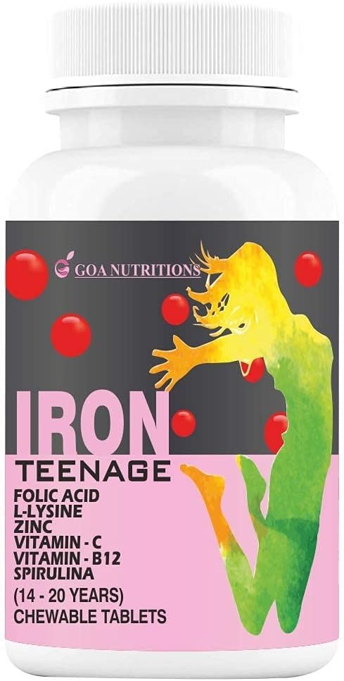 Iron Tablets with Folic Acid, Vitamin C, B12, lysine, Spirulina & Zinc Chewables for Women & Teenagers - 60 Count