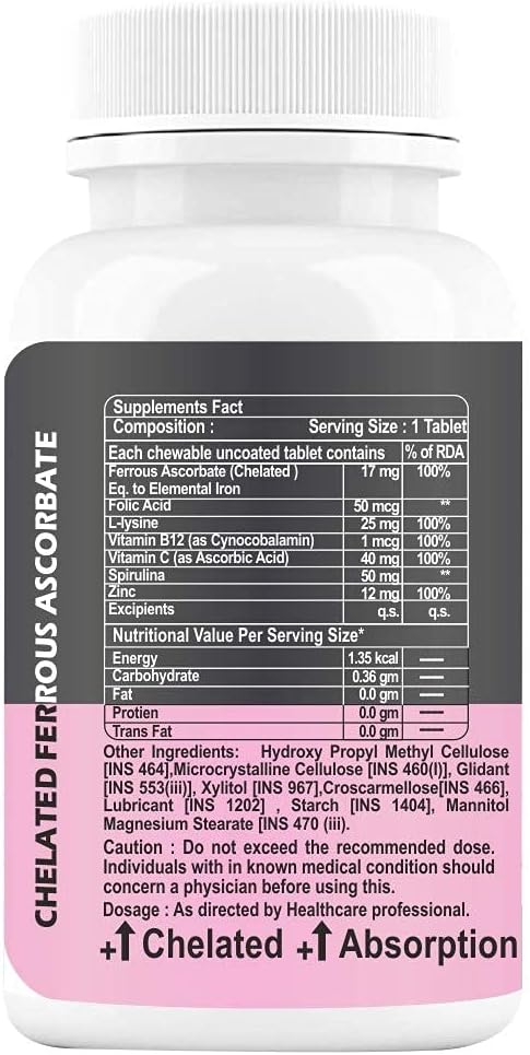 Iron Tablets with Folic Acid, Vitamin C, B12, lysine, Spirulina & Zinc Chewables for Women & Teenagers - 60 Count