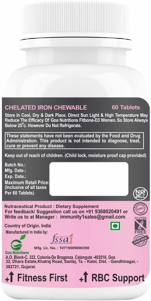 Iron Tablets with Folic Acid, Vitamin C, B12, lysine, Spirulina & Zinc Chewables for Women & Teenagers - 60 Count