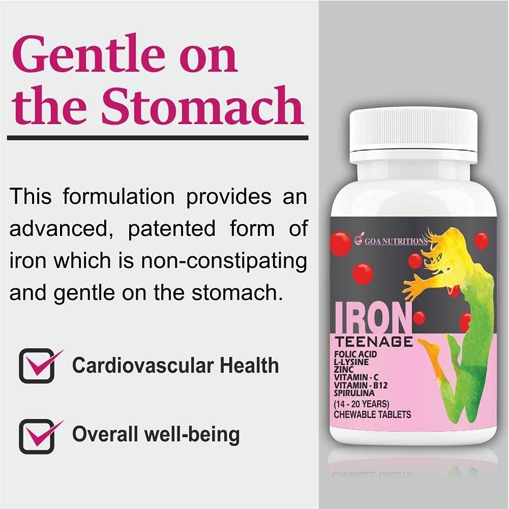 Iron Tablets with Folic Acid, Vitamin C, B12, lysine, Spirulina & Zinc Chewables for Women & Teenagers - 60 Count