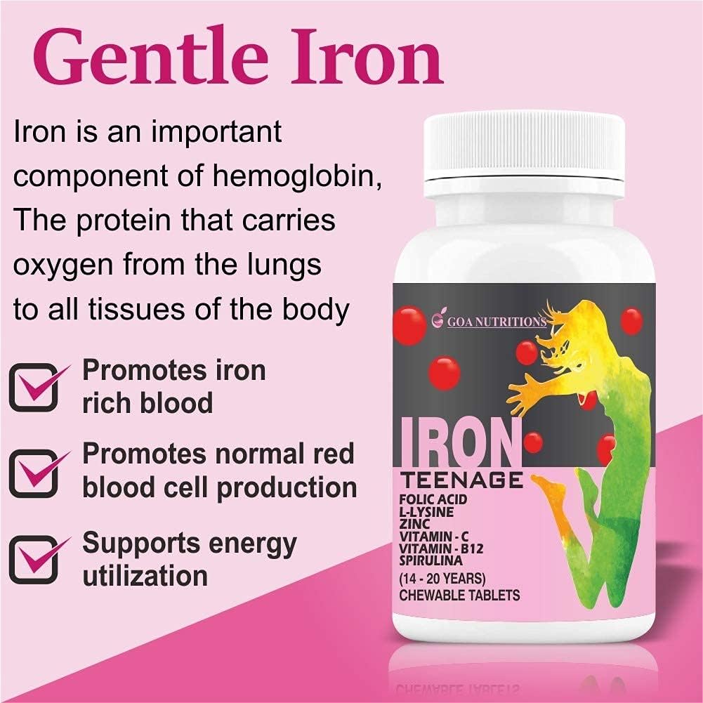 Iron Tablets with Folic Acid, Vitamin C, B12, lysine, Spirulina & Zinc Chewables for Women & Teenagers - 60 Count