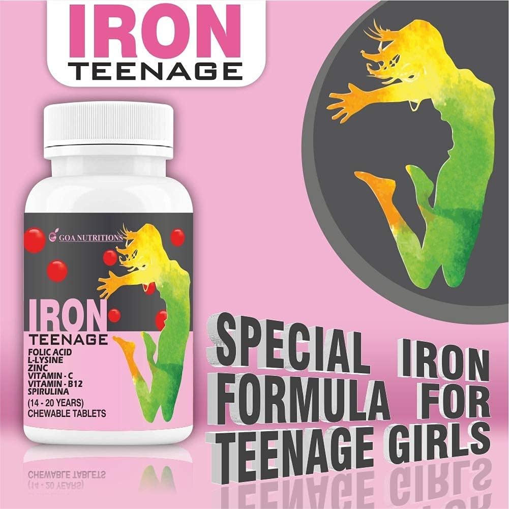 Iron Tablets with Folic Acid, Vitamin C, B12, lysine, Spirulina & Zinc Chewables for Women & Teenagers - 60 Count