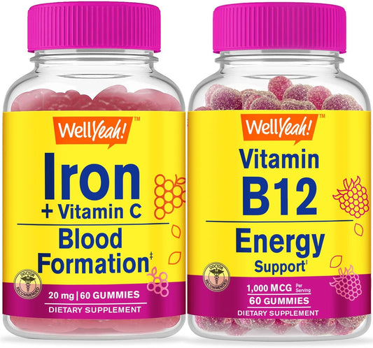 Iron, Vitamin C, and B12 Gummies Bundle - Tasty Vitamin Supplement, Gluten-Free, GMO-Free Chewables