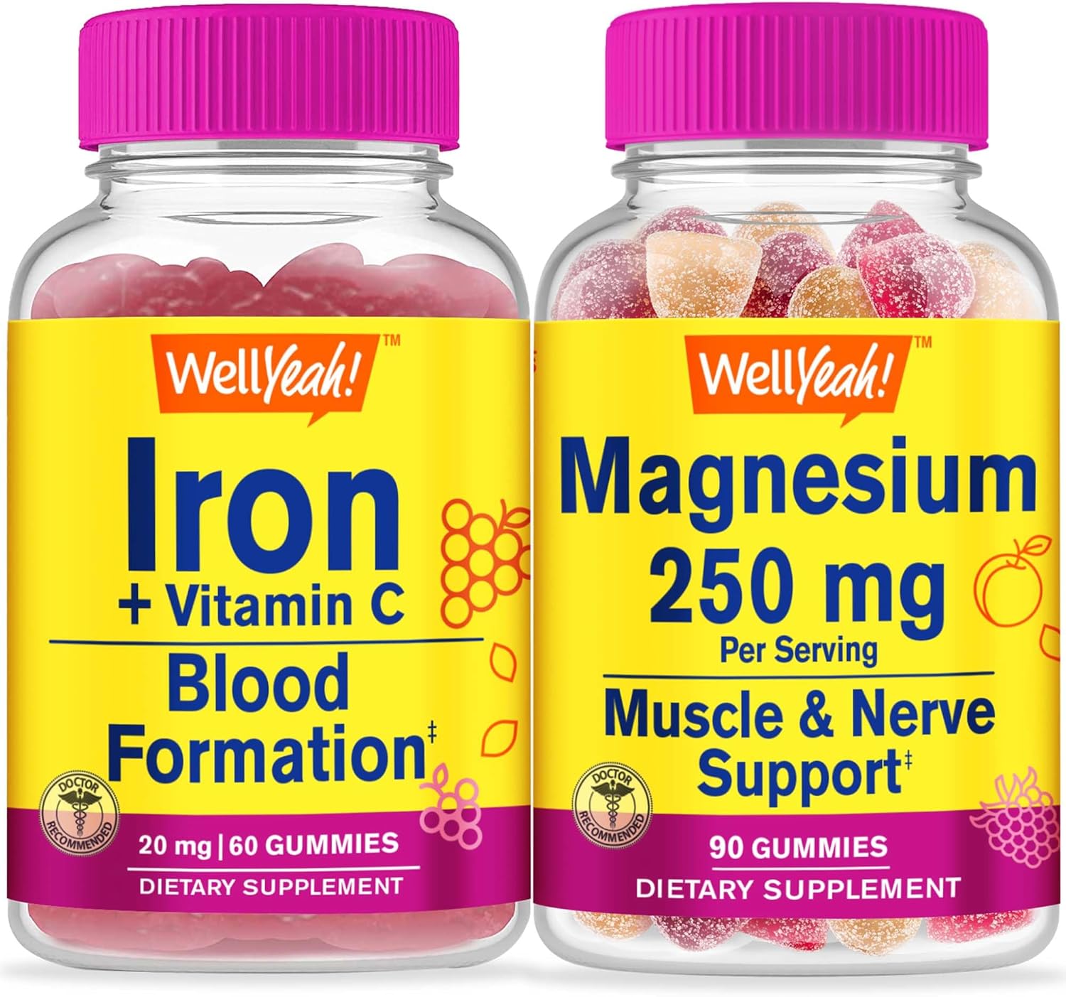 Iron, Vitamin C, and Magnesium Citrate Gummy Bundle - Gluten Free Chewable Supplement with Great Taste - GMO Free - 250mg