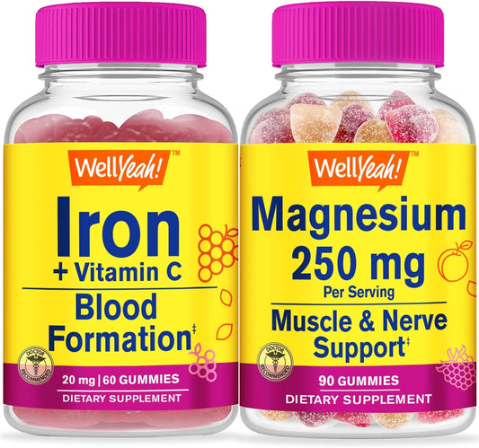 Iron, Vitamin C, and Magnesium Citrate Gummy Bundle - Gluten Free Chewable Supplement with Great Taste - GMO Free - 250mg