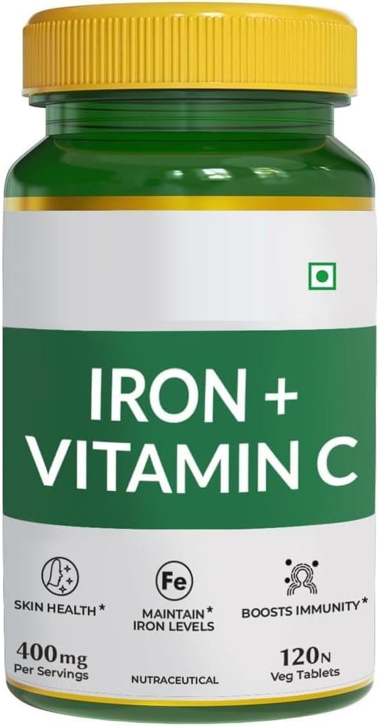 Iron + Vitamin C Supplement - 120 Veg Tablets for Men & Women | Supports Haemoglobin, Skin Health, Immunity, & Iron Levels