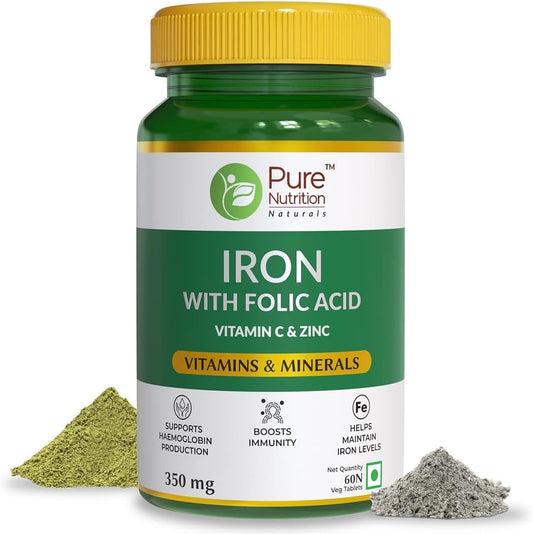 Iron with Folic Acid, Zinc, Vitamin C, and B12 for Healthy Hemoglobin, Immune System, and Iron Levels - 60 Vegetarian Tablets