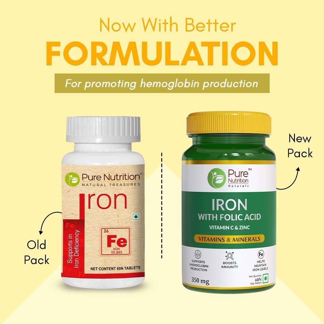 Iron with Folic Acid, Zinc, Vitamin C, and B12 for Healthy Hemoglobin, Immune System, and Iron Levels - 60 Vegetarian Tablets
