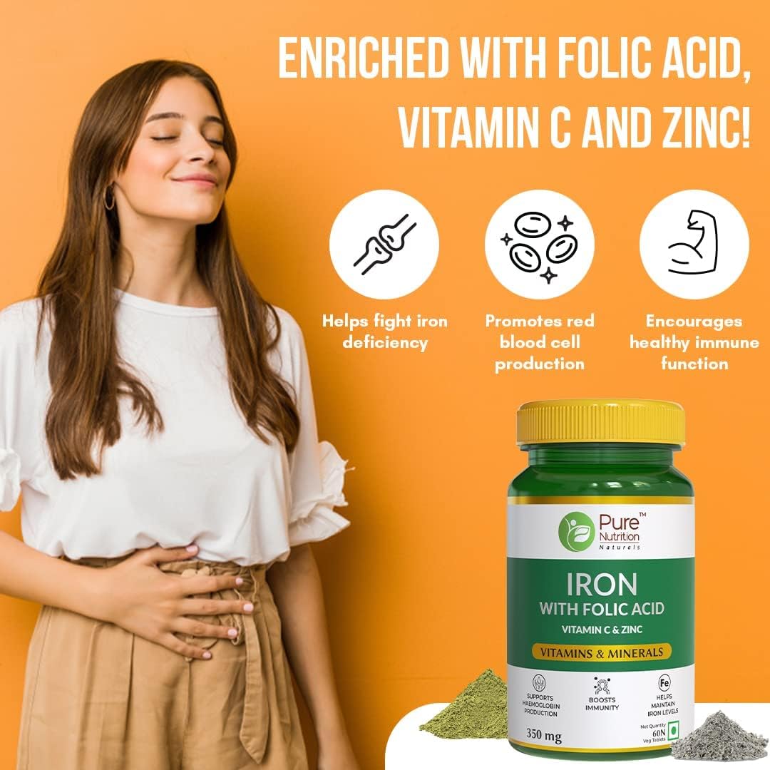 Iron with Folic Acid, Zinc, Vitamin C, and B12 for Healthy Hemoglobin, Immune System, and Iron Levels - 60 Vegetarian Tablets