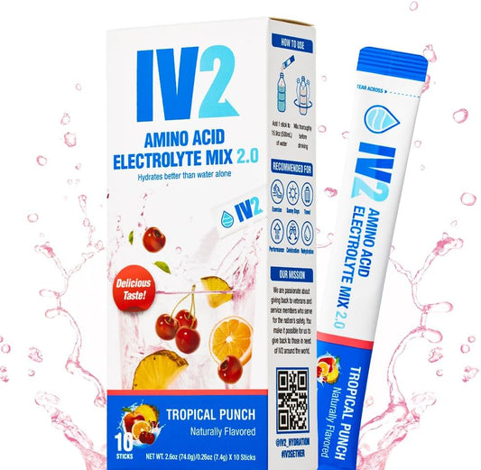 IV2-Zero Sugar Amino Acid Hydration Powder - Electrolyte Drink Mix with Essential Vitamins - Vegan, Non-GMO, Gluten-Free - Next Level Hydration (10 Pack)