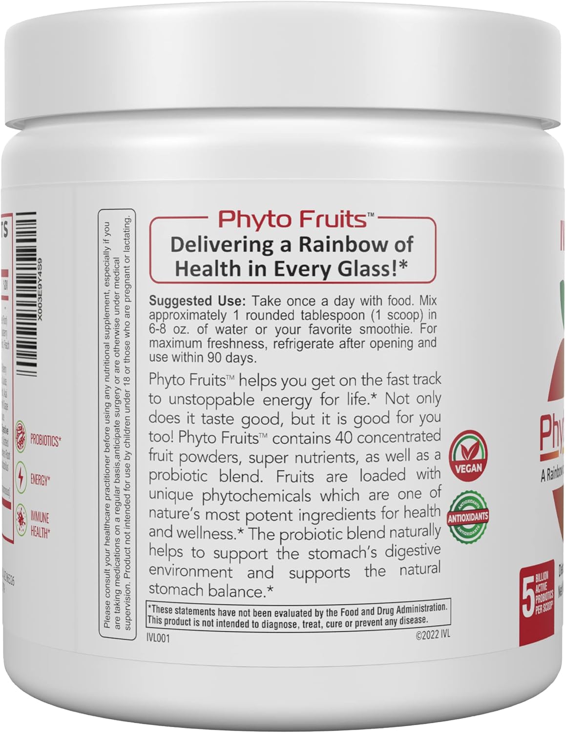 IVL Phyto Fruits Superfood Powder - Energy Support, Digestive & Probiotic Blend, Antioxidant-Rich, Vegan Formula - 40 Fruits & Nutrients + 6 Probiotic Strains - 30 Servings, 8.88 oz