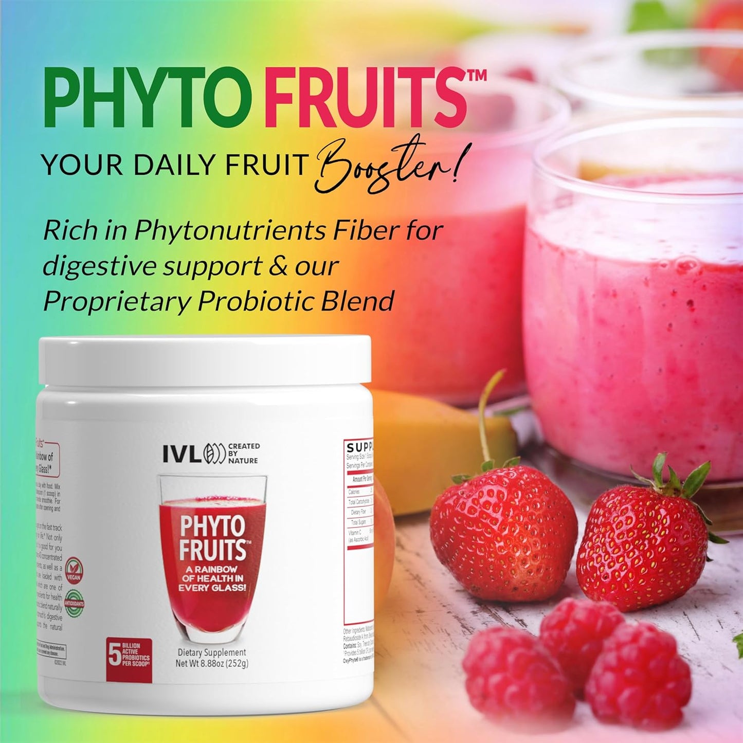 IVL Phyto Fruits Superfood Powder - Energy Support, Digestive & Probiotic Blend, Antioxidant-Rich, Vegan Formula - 40 Fruits & Nutrients + 6 Probiotic Strains - 30 Servings, 8.88 oz