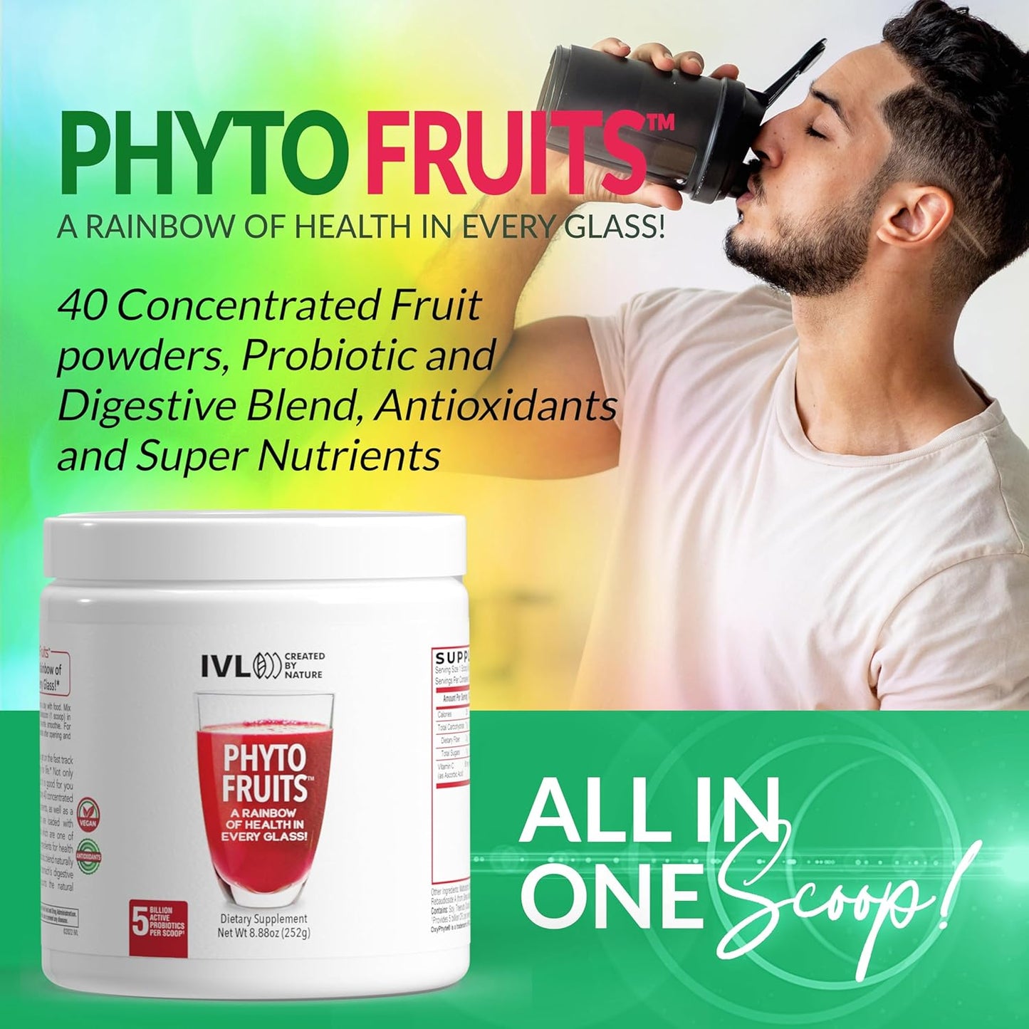 IVL Phyto Fruits Superfood Powder - Energy Support, Digestive & Probiotic Blend, Antioxidant-Rich, Vegan Formula - 40 Fruits & Nutrients + 6 Probiotic Strains - 30 Servings, 8.88 oz