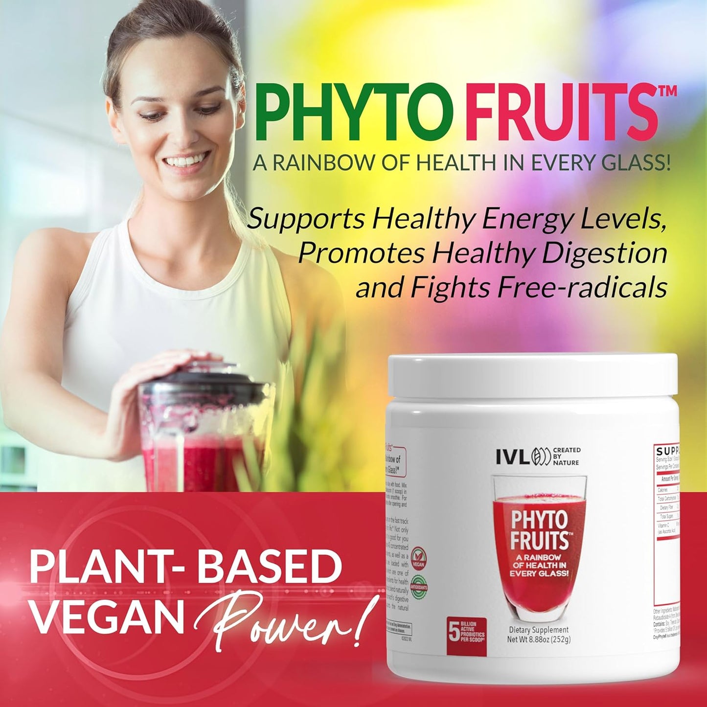 IVL Phyto Fruits Superfood Powder - Energy Support, Digestive & Probiotic Blend, Antioxidant-Rich, Vegan Formula - 40 Fruits & Nutrients + 6 Probiotic Strains - 30 Servings, 8.88 oz