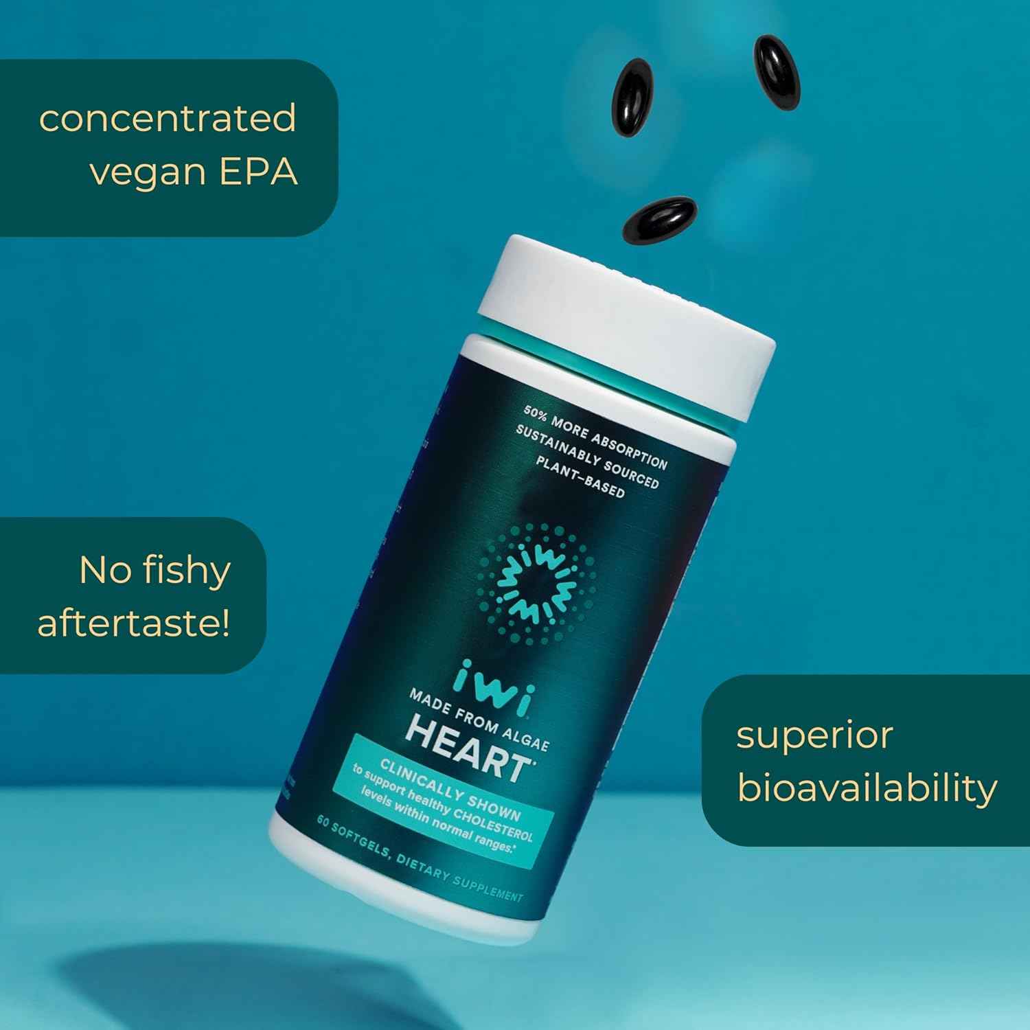 Iwi Life Heart Omega-3, 60 Softgels (30 Servings), Vegan Plant-Based Algae Omega Fatty Acids + EPA, Heart Health Support Dietary Supplement, Krill & Fish Oil Alternative, No Fishy Aftertaste