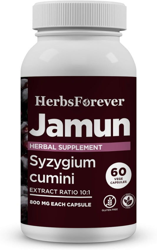 Jamun Capsules: Herbal Eugenia Jambolana Seeds Extract 10:1 Ratio Supplement for Wellness - 60 Vege Capsules