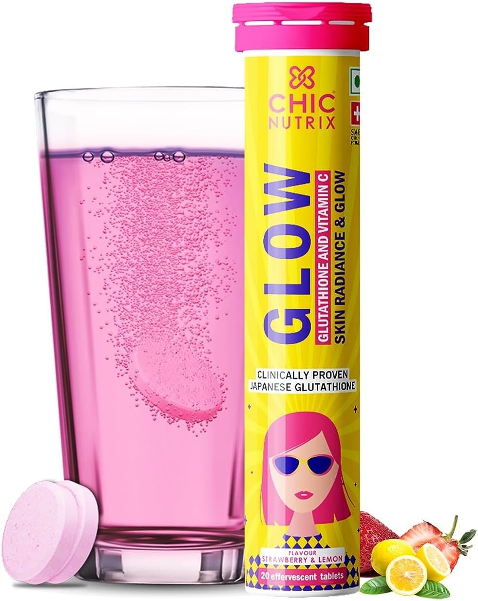 Japanese Glutathione 500mg and Vitamin C Tablets for Glowing Skin - Strawberry-Lemon Flavor - 20 Effervescent Tabs