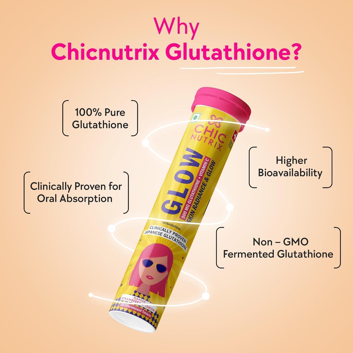 Japanese Glutathione & Vitamin C Effervescent Tablets for Clear, Glowing Skin - 20 Tablets, Sugar-Free Strawberry-Lemon Flavor