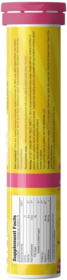 Japanese Glutathione & Vitamin C Effervescent Tablets for Clear, Glowing Skin - 20 Tablets, Sugar-Free Strawberry-Lemon Flavor