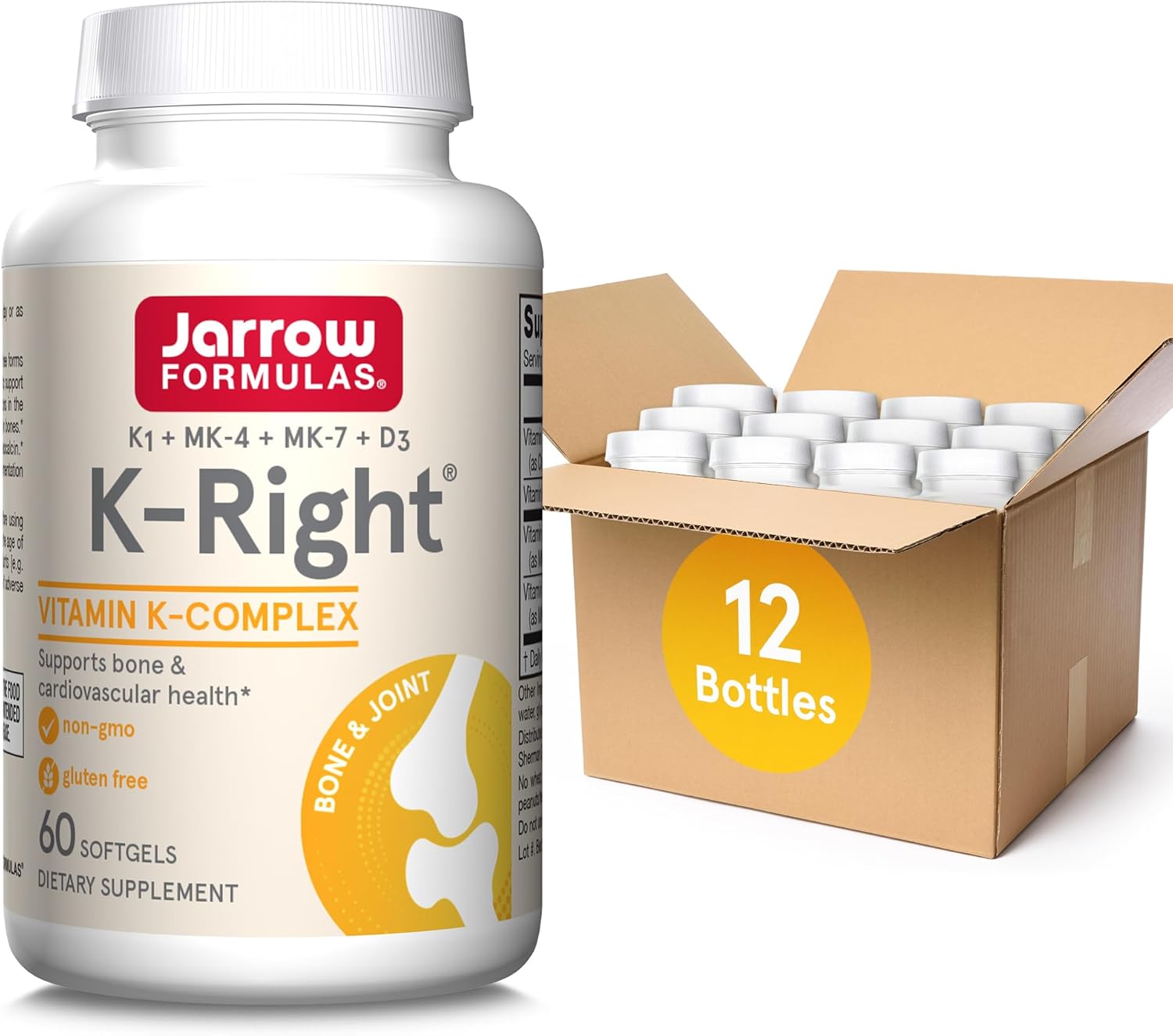 Jarrow Formulas K-Right Vitamin K Complex Softgels - Bone & Cardiovascular Health - 60 Servings - Vitamin K2 MK-7 - Gluten Free - Pack of 12