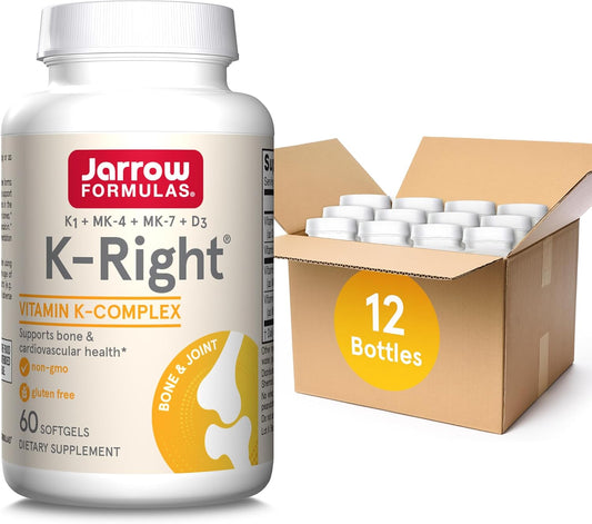 Jarrow Formulas K-Right Vitamin K Complex Softgels - Bone & Cardiovascular Health - 60 Servings - Vitamin K2 MK-7 - Gluten Free - Pack of 12