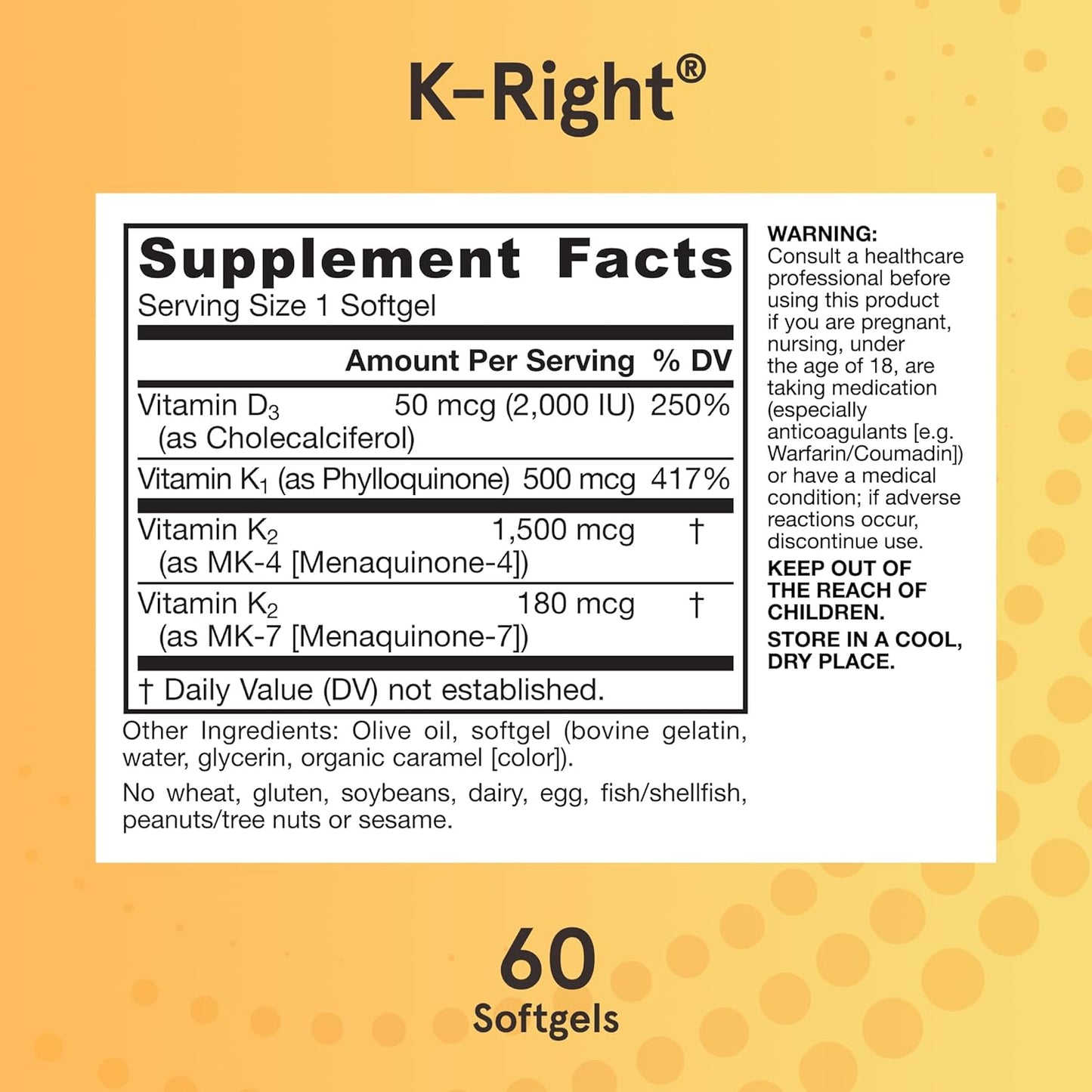 Jarrow Formulas K-Right Vitamin K Complex Softgels - Bone & Cardiovascular Health - 60 Servings - Vitamin K2 MK-7 - Gluten Free - Pack of 12
