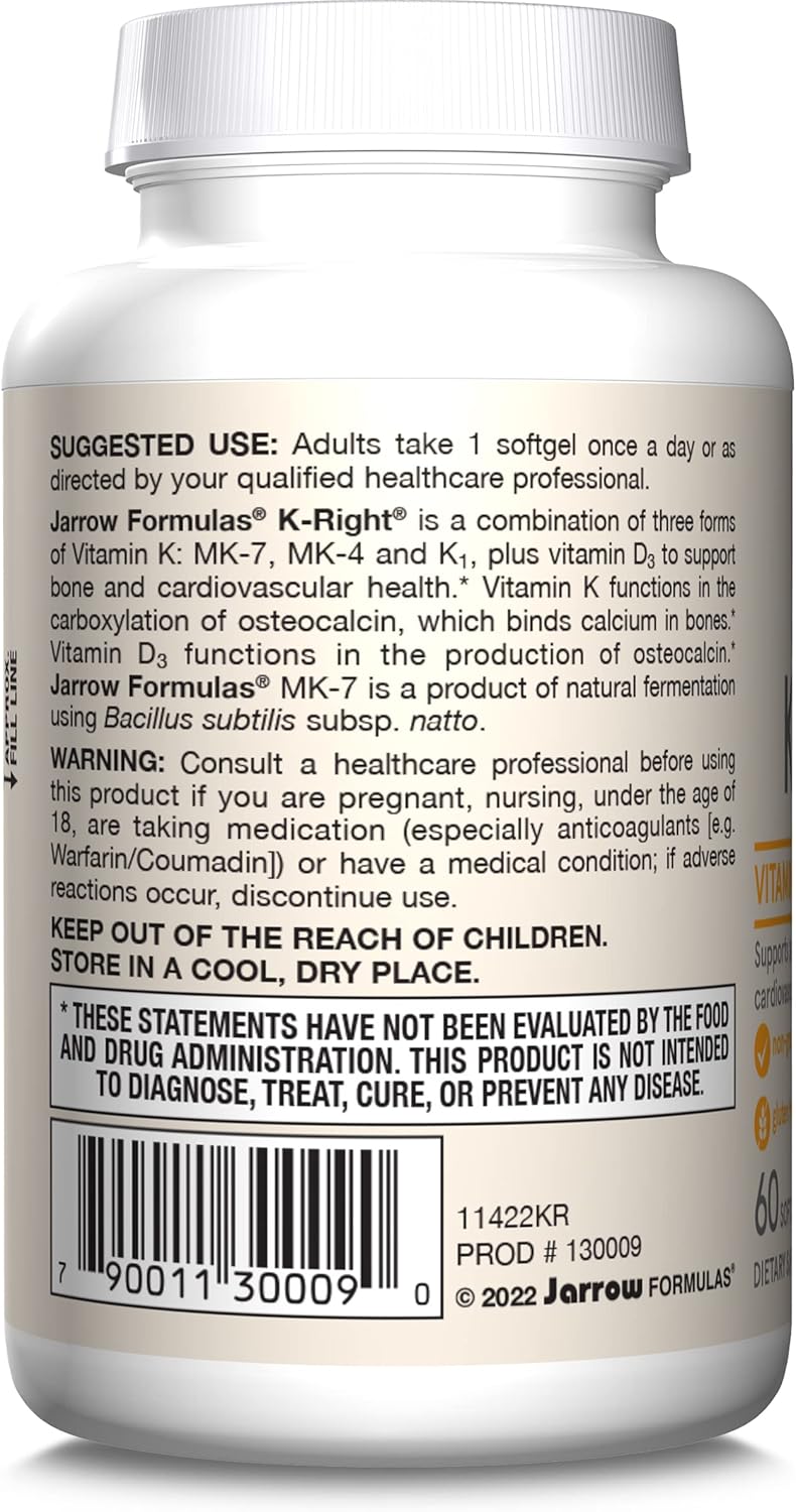 Jarrow Formulas K-Right Vitamin K Complex Softgels - Bone & Cardiovascular Health - 60 Servings - Vitamin K2 MK-7 - Gluten Free - Pack of 12