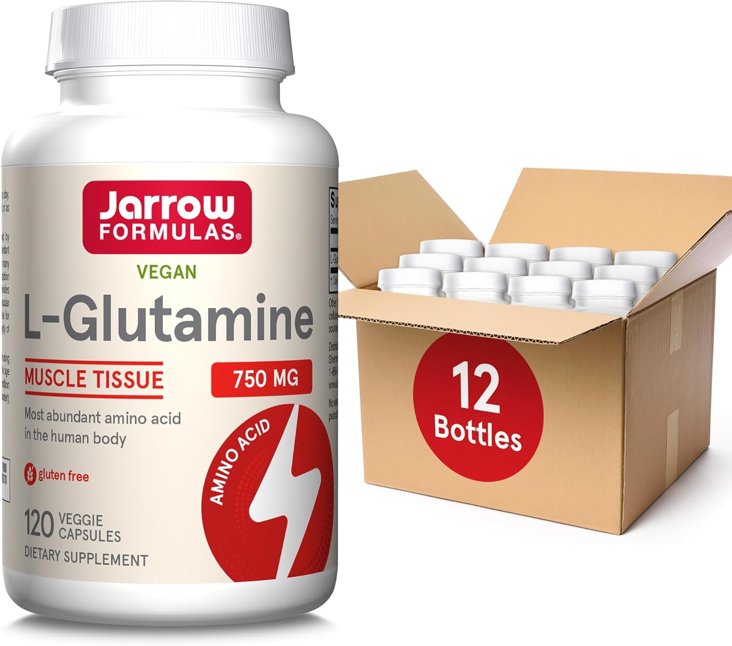 Jarrow Formulas L-Glutamine 750mg Veggie Capsules - Immune & Muscle Support, 120 Capsules, Pack of 12 - Up to 120 Days Supply