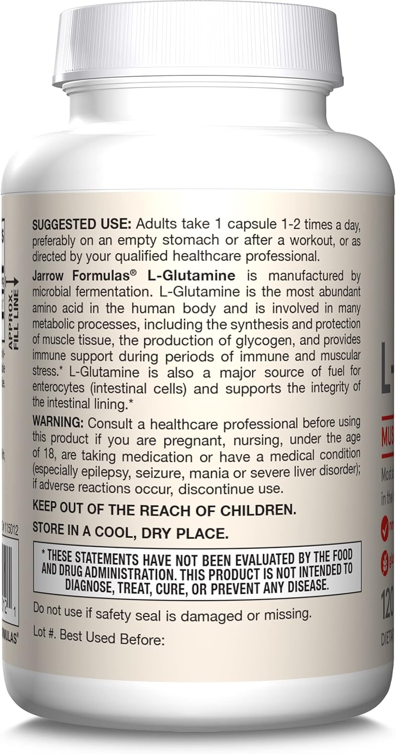 Jarrow Formulas L-Glutamine 750mg Veggie Capsules - Immune & Muscle Support, 120 Capsules, Pack of 12 - Up to 120 Days Supply